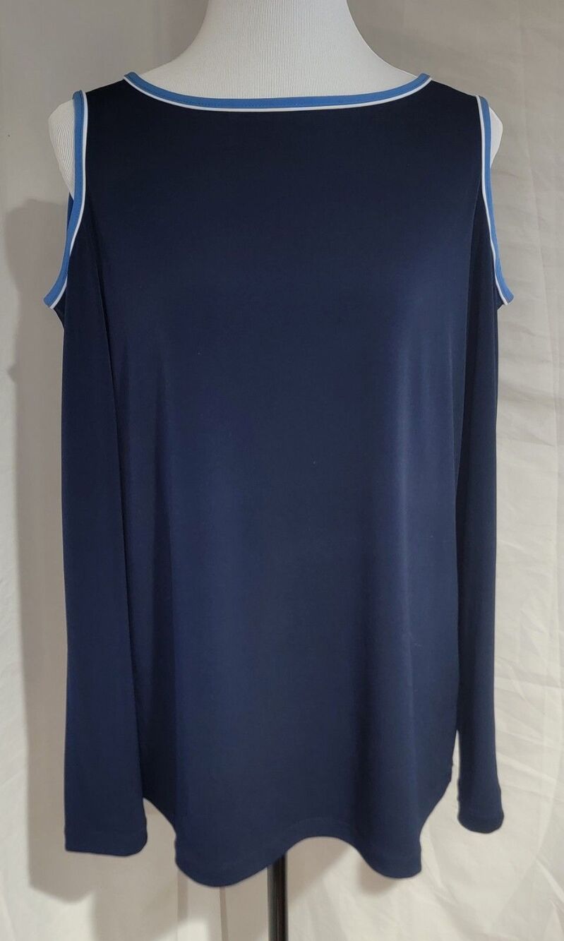 SUSAN GRAVER Womens Medium Blue Liquid Knit Top Tunic Stretch Cold Shoulders